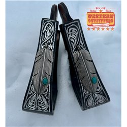 Black Engraved Stirrups with Turquoise Stone Feather Concho
