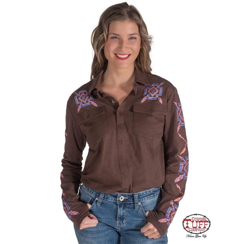 Cowgirl Tuff Pullover Button Up Shirt Brown Geometric Size S