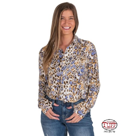 Cowgirl Tuff PullOver Buttondown Shirt: Brown/Cream/Blue Leopard