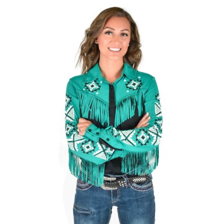 Cowgirl Tuff Pullover Button-Up: Black and Turquoise Print with Fringe