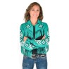 Cowgirl Tuff Pullover Button-Up: Black and Turquoise Print with Fringe