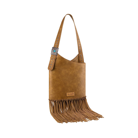 Wrangler Leather Fringe Hobo Bag with Turquoise Concho - Brown