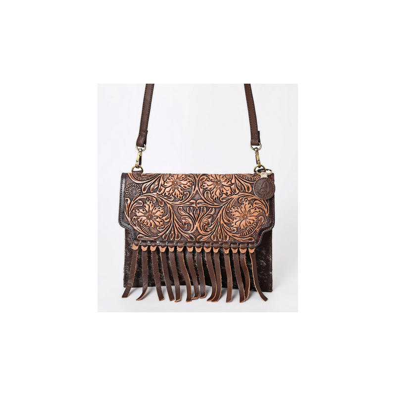 Montana West Ammi & Abba Hand Tooled 100% Genuine Leather Hair On Cowhide Fringe Crossbody - Brown