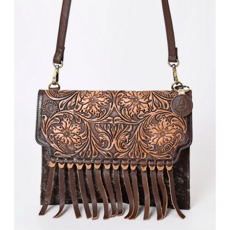 Montana West Ammi & Abba Hand Tooled 100% Genuine Leather Hair On Cowhide Fringe Crossbody - Brown