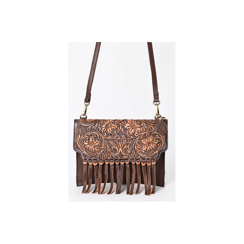 Montana West Ammi & Abba Hand Tooled 100% Genuine Leather Cowhide Fringe Crossbody - Brown