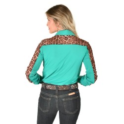 Cowgirl Tuff Pullover Button-Up - Turquoise Lightweight Breathe Fabric with Sheer Leopard Accents