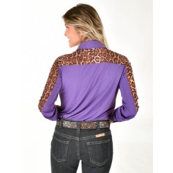 Cowgirl Tuff Pullover Button-Up - Purple Lightweight Breathe Fabric with Sheer Leopard Accents