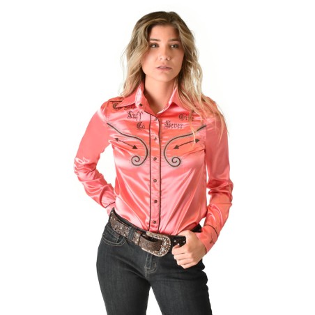 Cowgirl Tuff Pullover Button-Up - Coral Lightweight Stretch Satin with Brown Embroidery