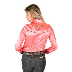 Cowgirl Tuff Pullover Button-Up - Coral Lightweight Stretch Satin with Brown Embroidery