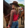 Cowgirl Tuff Pullover Button-Up - Red Lightweight Breathe with Sheer Leopard Accents, Rose Patches, and Fringe
