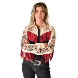 Cowgirl Tuff Pullover Button-Up - Black And Cream Lightweight Breathe With Print And Fringe