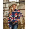 Cowgirl Tuff Pullover Button-Up - Red And Blue Western Print Mid-weight Stretch Jersey