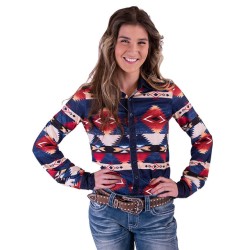 Cowgirl Tuff Pullover Button-Up - Red And Blue Western Print Mid-weight Stretch Jersey
