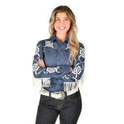 Cowgirl Tuff Pullover Button-Up - Denim knit, cream print aztec sleeves, and cream fringe