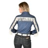 Cowgirl Tuff Pullover Button-Up - Denim knit, cream print aztec sleeves, and cream fringe