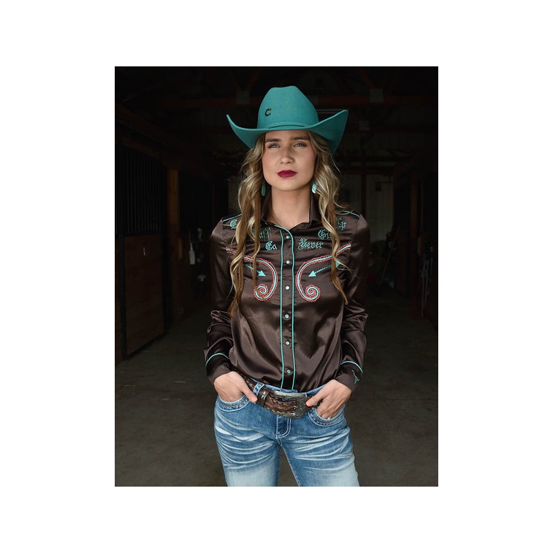 Cowgirl Tuff Pullover Button-Up - Brown Lightweight Stretch Satin with Turquoise Embroidery