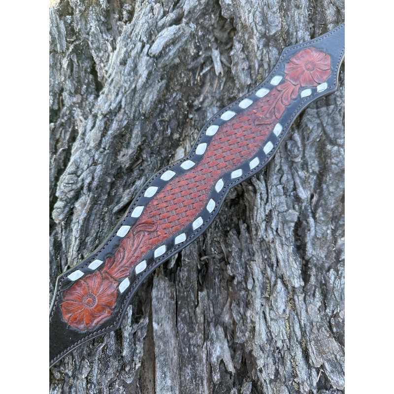 Dark Leather Buckstitch Basket Weave Wither Strap