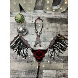Red Aztec Designer Headstall & Fringe Breast Collar Set
