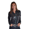Cowgirl Tuff Pullover Button-Up - Black Mid-weight Shiny with Turquoise Stitch and Buttons