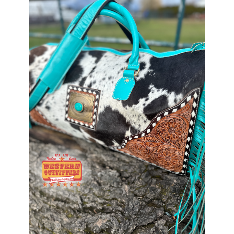 Turquoise Leather Fringe Western Cowhide Duffle Travel Bag