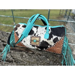 Turquoise Leather Fringe Western Cowhide Duffle Travel Bag