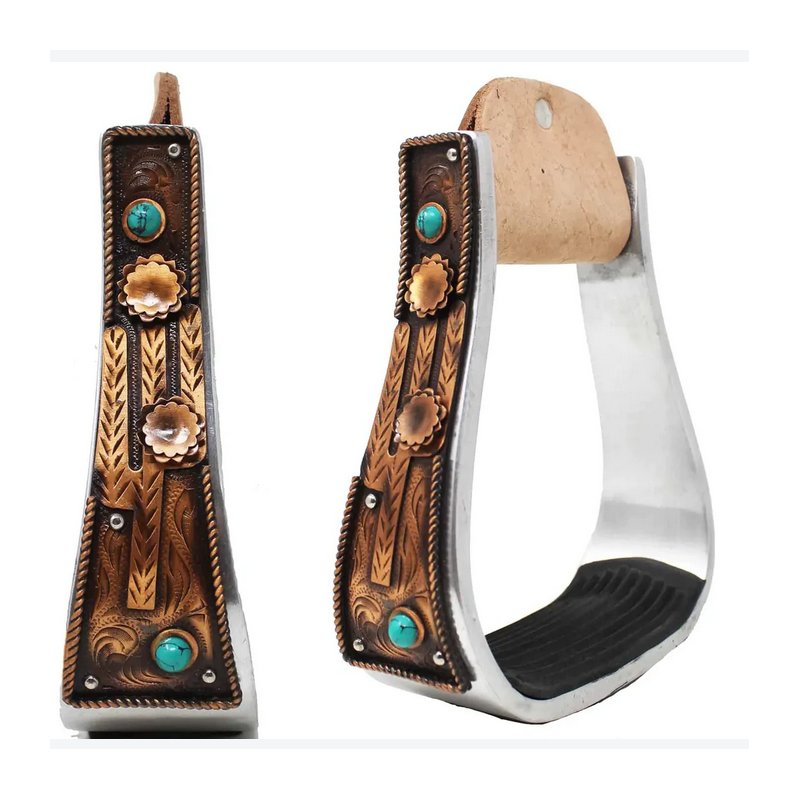 Aluminum 5" Wide Turquoise Stones Aztec Engraved Barrel Racing Stirrups