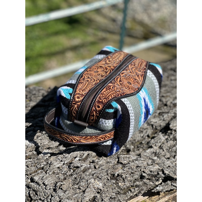 Wool and Tooled Leather Makeup/Toiletry Case