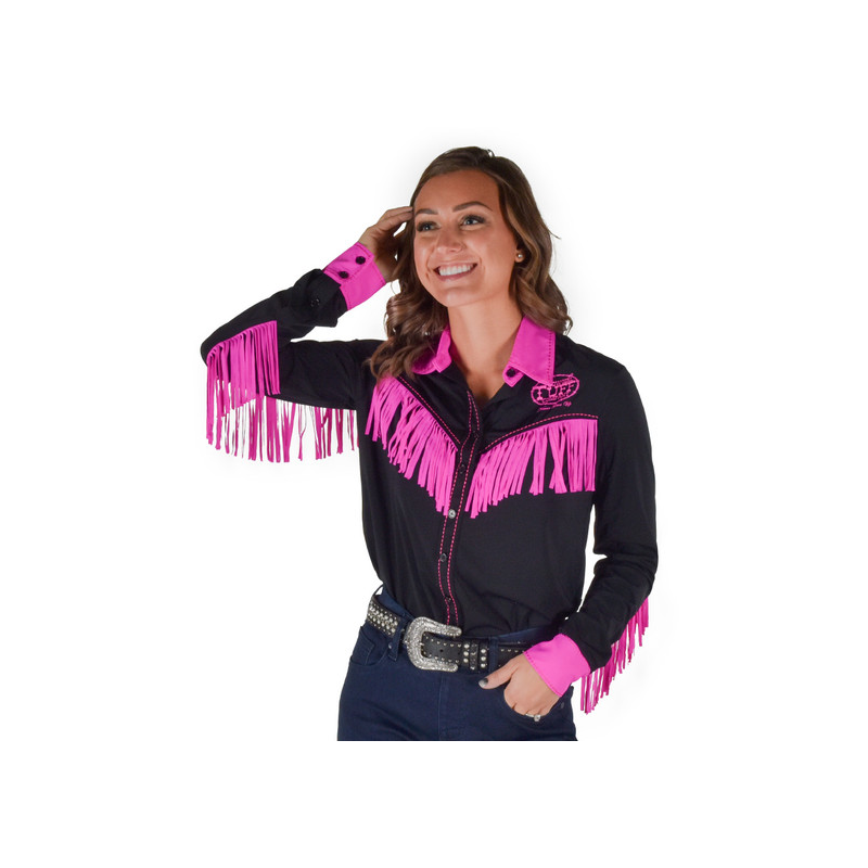 Cowgirl Tuff Pullover Button-Up - Black and Hot Pink Fringe Breathe Lightweight Stretch Jersey