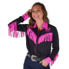 Cowgirl Tuff Pullover Button-Up - Black and Hot Pink Fringe Breathe Lightweight Stretch Jersey