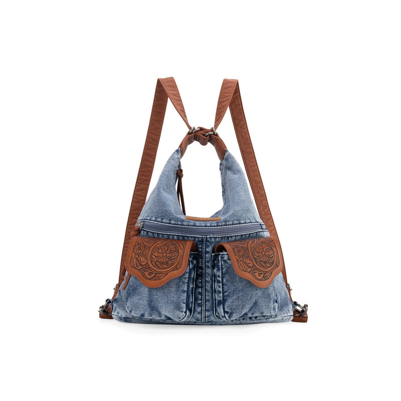 Wrangler Floral Tooled Denim Hobo/Crossbody Backpack (Convertible ) Jean