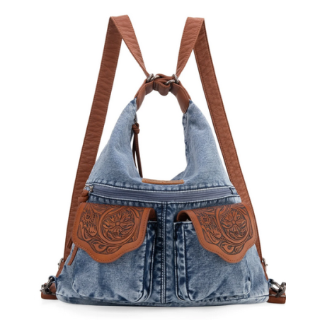 Wrangler Floral Tooled Denim Hobo/Crossbody Backpack (Convertible ) Jean