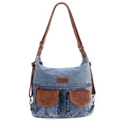 Wrangler Floral Tooled Denim Hobo/Crossbody Backpack (Convertible ) Jean