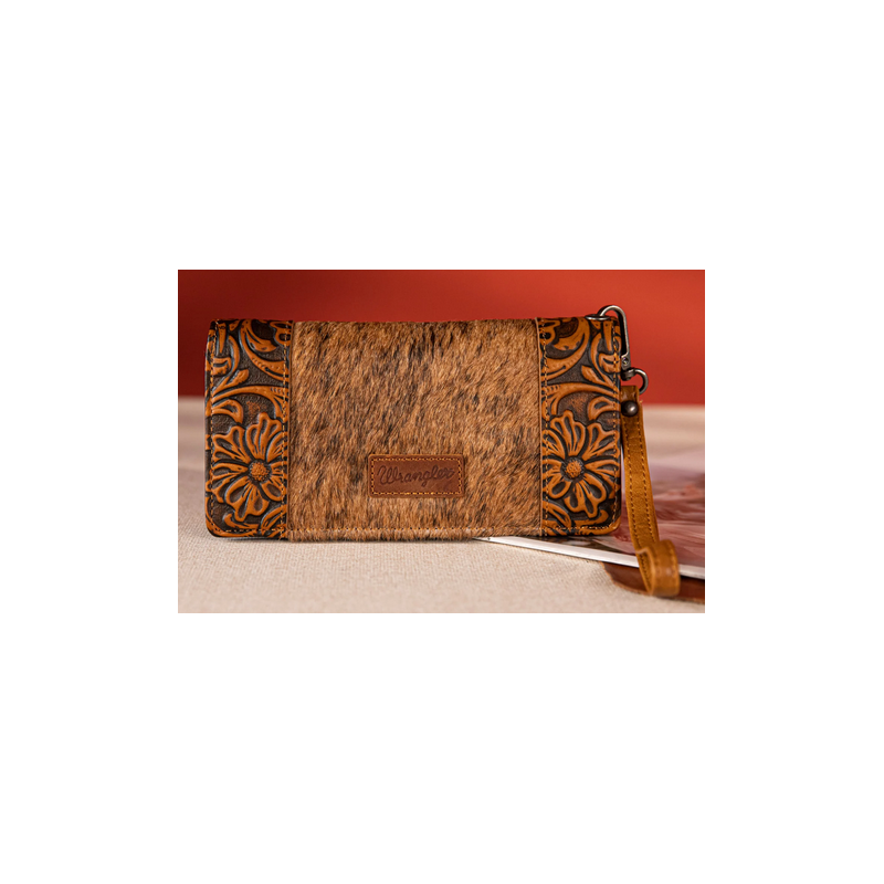 Wrangler Hair-On Cowhide Vintage Floral Tooled Wallet - Brown