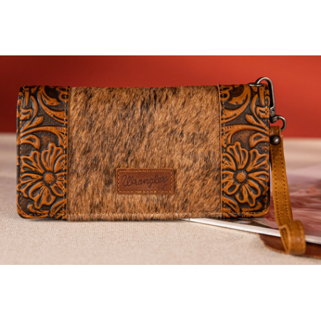 Wrangler Hair-On Cowhide Vintage Floral Tooled Wallet - Brown