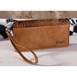 Wrangler Hair-On Cowhide Vintage Floral Tooled Wallet - Brown