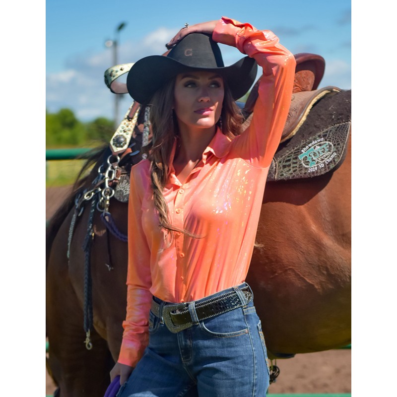 Cowgirl Tuff Pullover Button-Up - Tangerine with Foil Lightweight Stretch Jersey