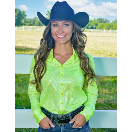 Cowgirl Tuff Pullover Button-Up - Neon Yellow with Foil Lightweight Stretch Jersey