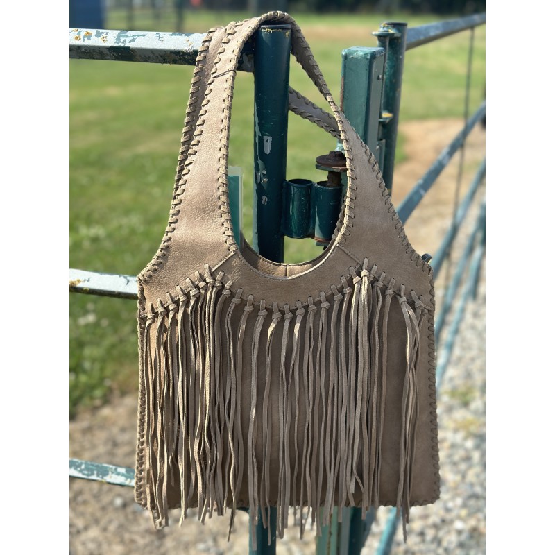 Trinity Ranch Hand-Tie Fringe Concealed Carry Hobo Shoulder Bag- Khaki