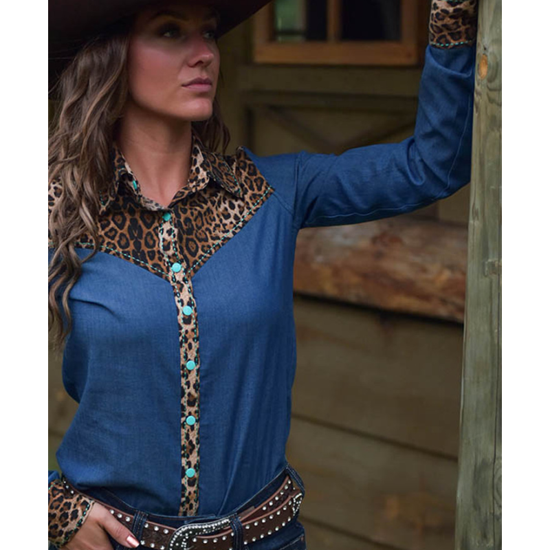 Cowgirl Tuff Pullover Button-Up - Denim with Leopard and Turquoise Stretch Jersey Shirt