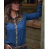 Cowgirl Tuff Pullover Button-Up - Denim with Leopard and Turquoise Stretch Jersey Shirt