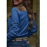 Cowgirl Tuff Pullover Button-Up - Denim with Leopard and Turquoise Stretch Jersey Shirt