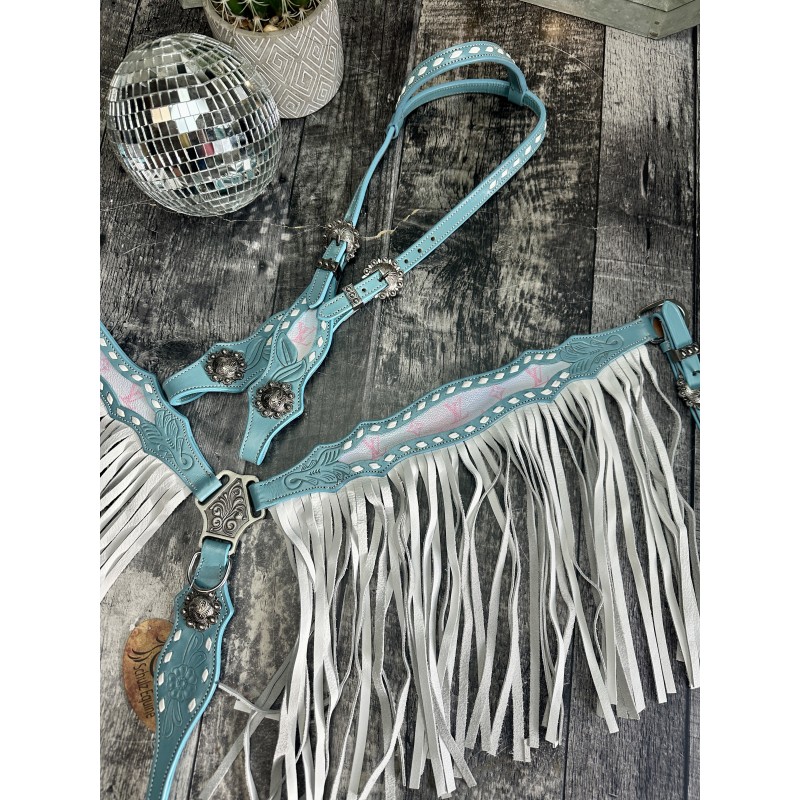 Blue Designer Leather Headstall & Fringe Breast Collar Set