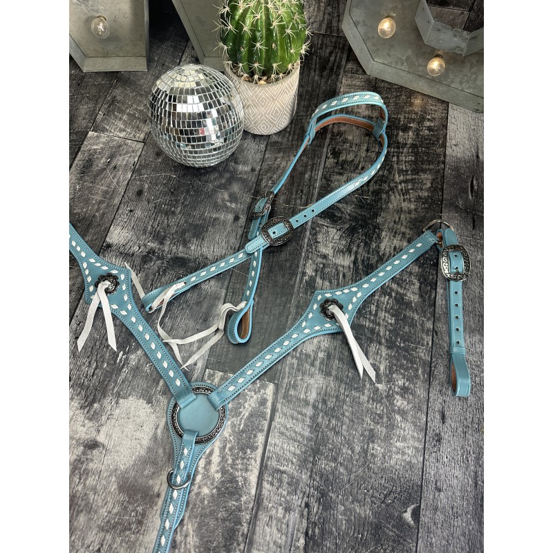 Turquoise Leather Headstall and Breast Collar Set