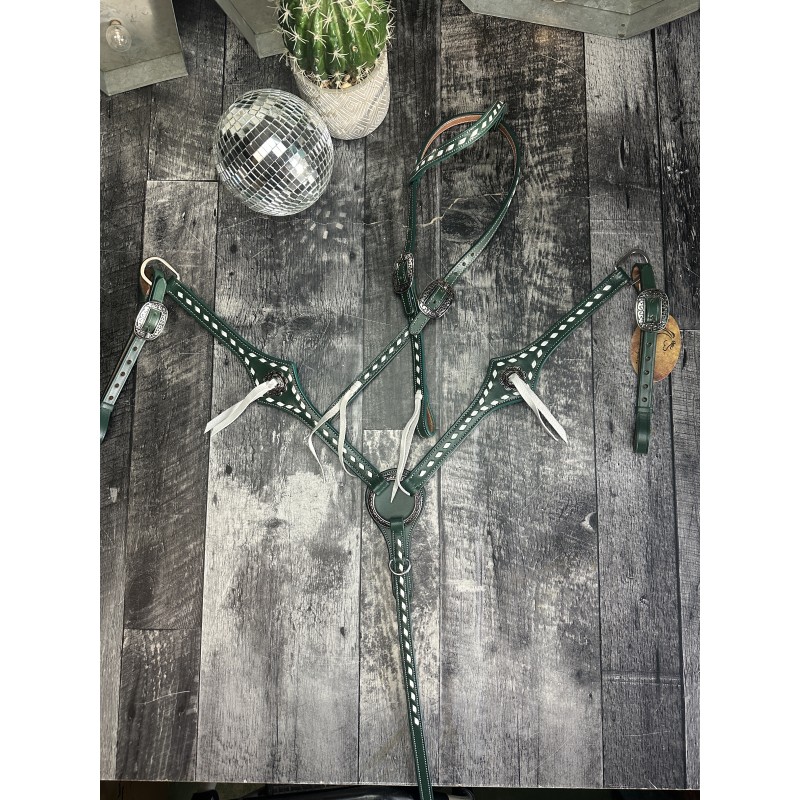 Green Leather Headstall and Breast Collar Set