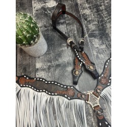 White Designer Leather Headstall & Fringe Breast Collar Set