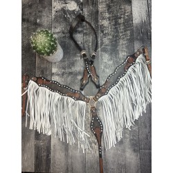 White Designer Leather Headstall & Fringe Breast Collar Set