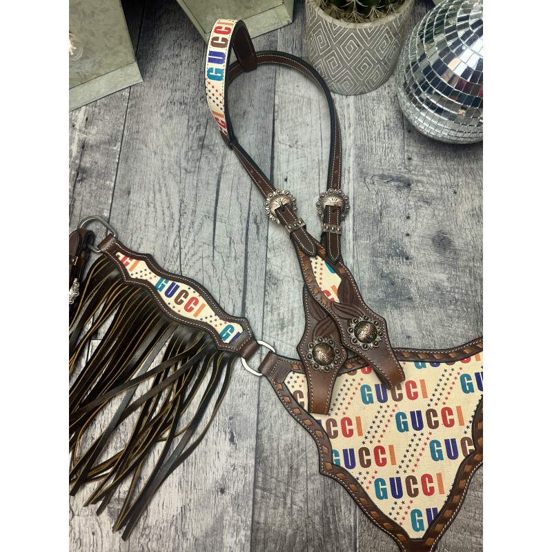 Multi Colour GG Designer Headstall & Fringe Breast Collar Set