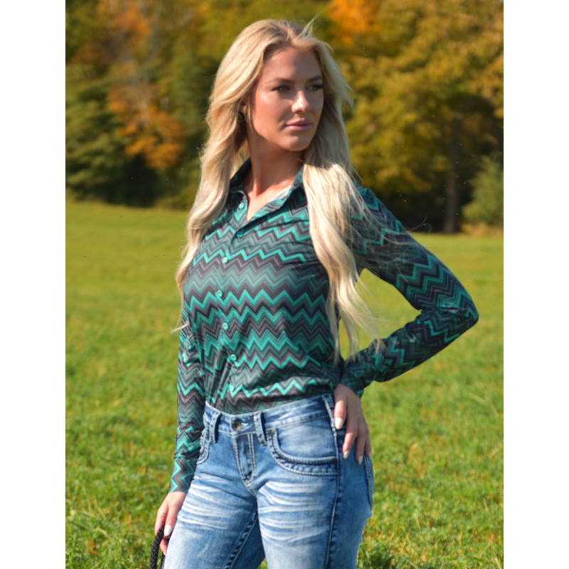 Cowgirl Tuff Pullover Button Up Teal And Grey Chevron