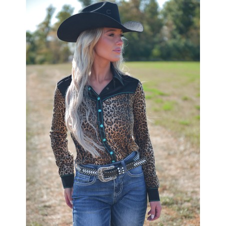 Cowgirl Tuff Pullover Button Up Leopard With Turquoise Accents