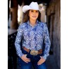 Cowgirl Tuff Pullover Button Up Blue With White Lace Print